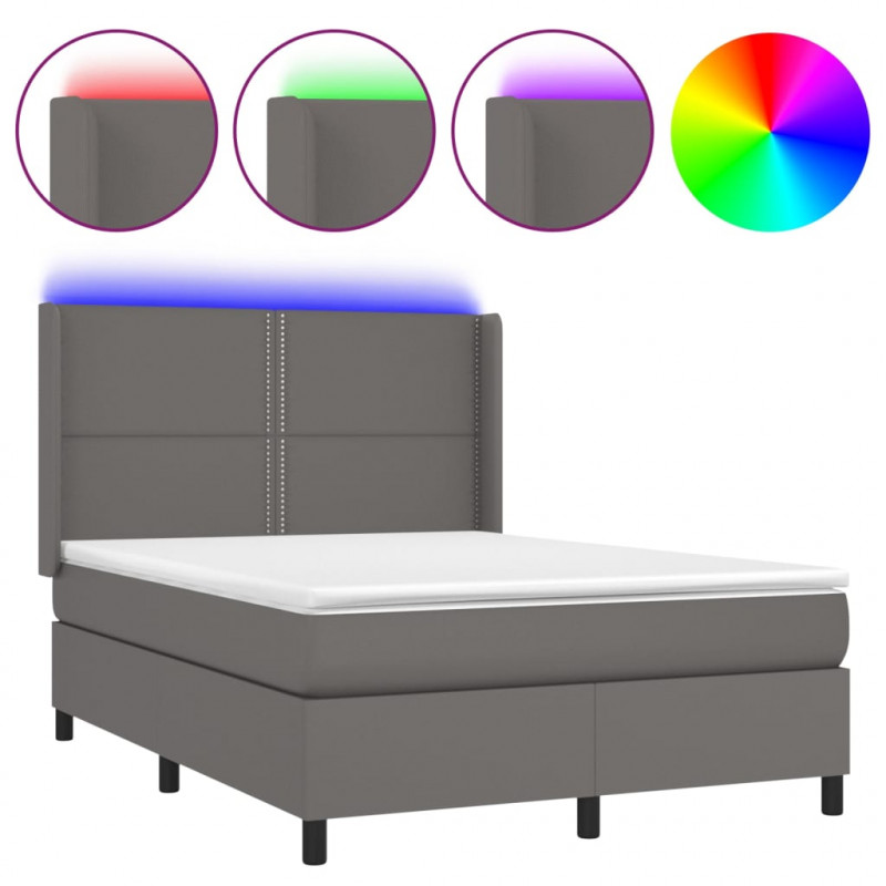 Łóżko kontynentalne z materacem i LED, szara ekoskóra 140x190cm