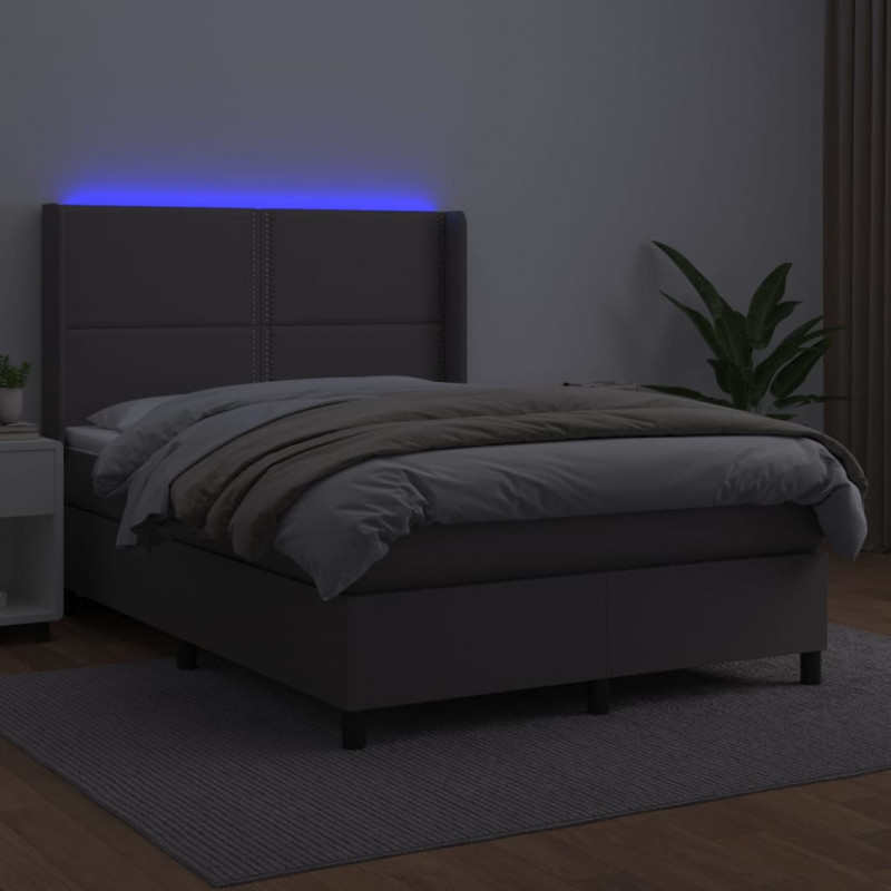 Łóżko kontynentalne z materacem i LED, szara ekoskóra 140x190cm