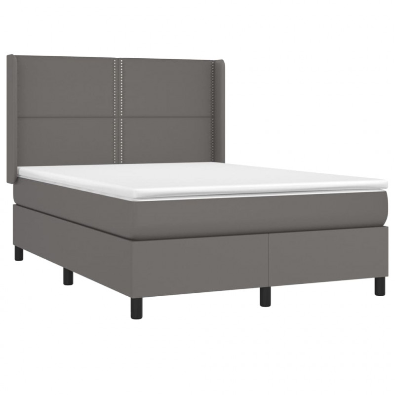 Łóżko kontynentalne z materacem i LED, szara ekoskóra 140x190cm