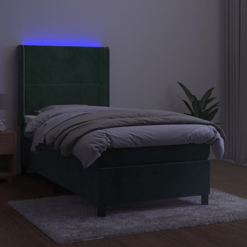 Łóżko kontynentalne z materacem i LED zielony aksamit 90x190 cm
