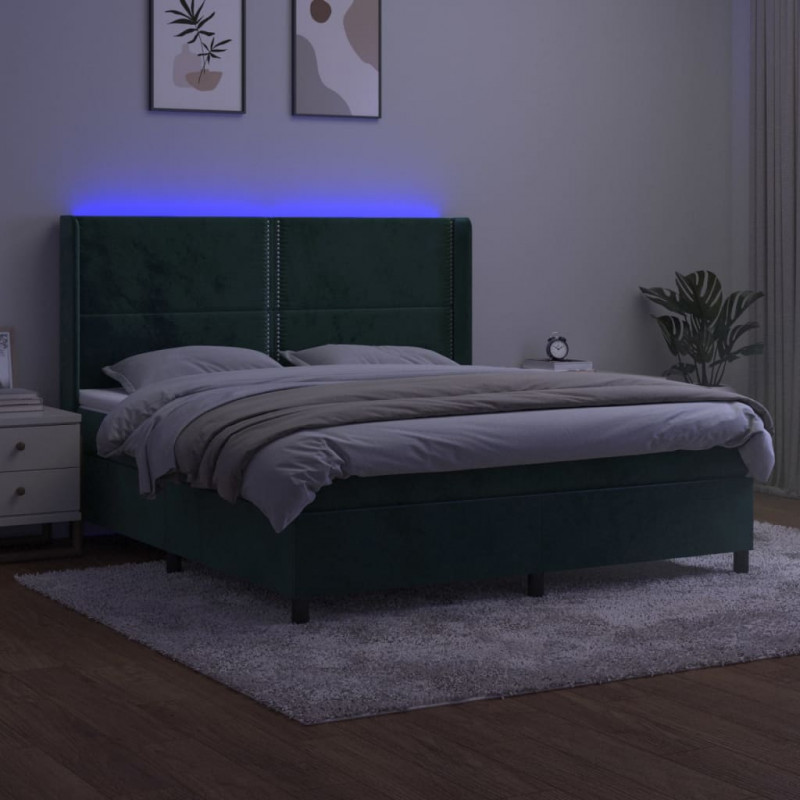 Łóżko kontynentalne z materacem i LED zielony aksamit 180x200cm