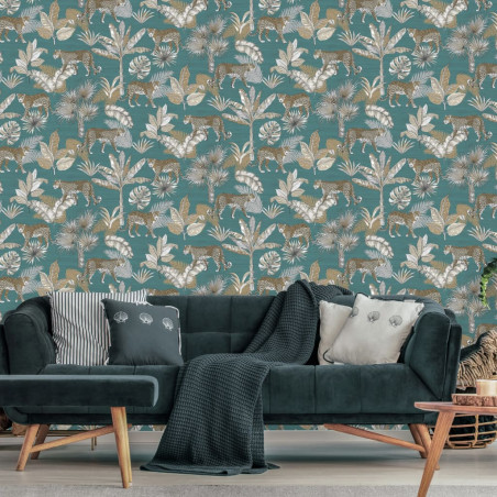 DUTCH WALLCOVERINGS Tapeta z motywem lamparta, niebiesko-beżowa