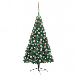 Choinka z lampkami i bombkami, połówka, zielona, 120 cm