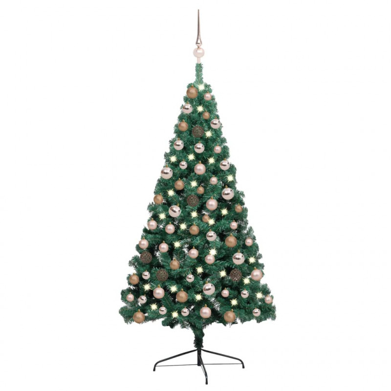 Choinka z lampkami i bombkami, połówka, zielona, 120 cm