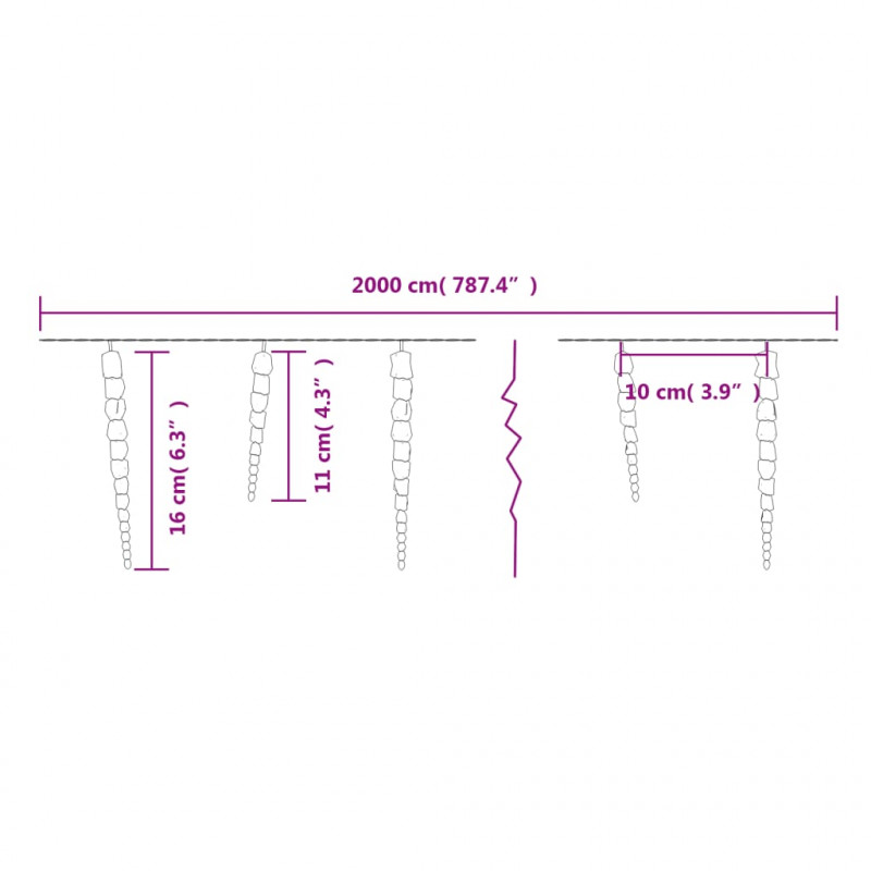 Lampki świąteczne w kształcie sopli, 200 LED, zimna biel, 20 m