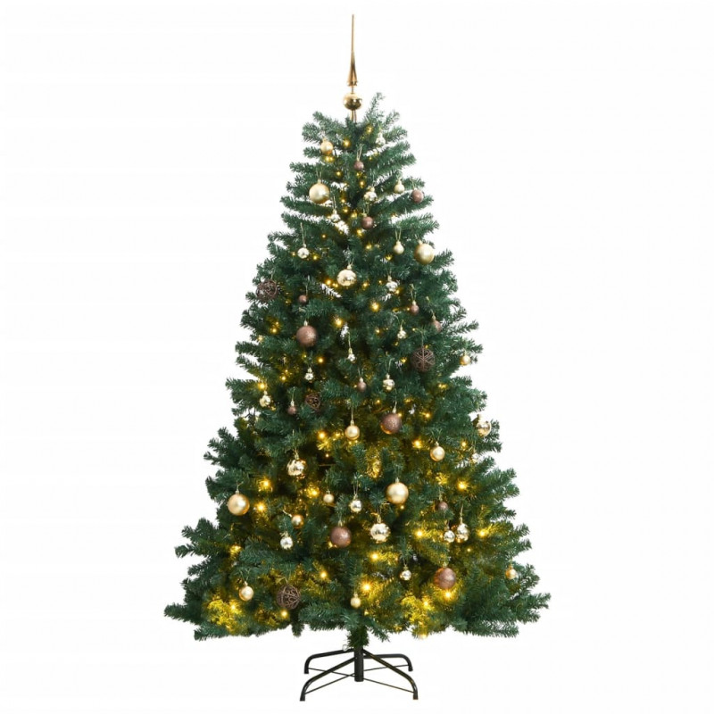 Sztuczna choinka na zawiasach, 300 lampek LED i bombki, 210 cm