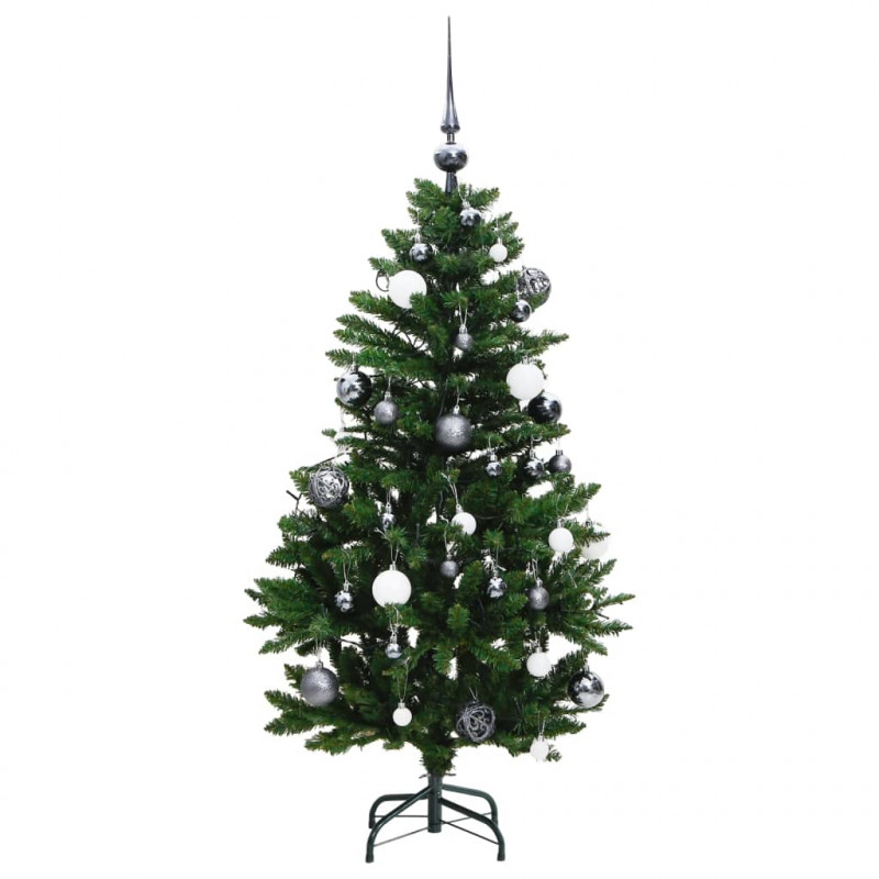 Sztuczna choinka na zawiasach, 150 lampek LED i bombki, 120 cm