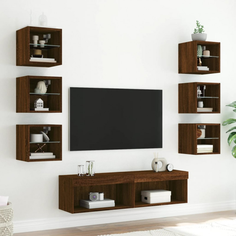 8-częściowy zestaw mebli TV z LED, brązowy dąb