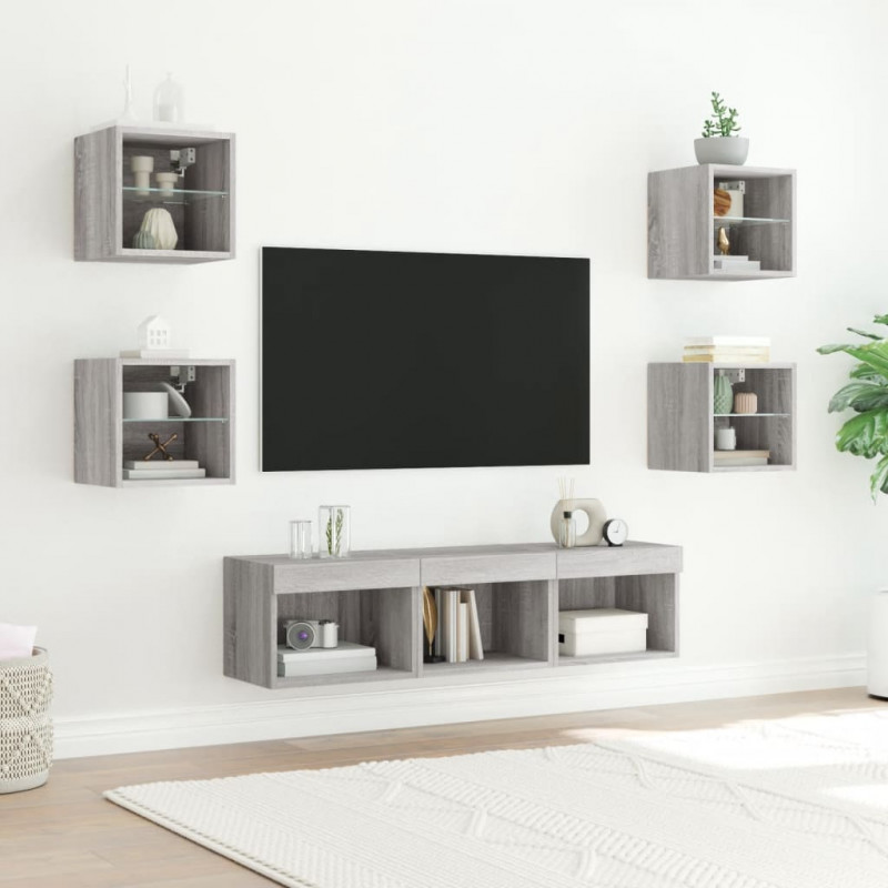 7-częściowy zestaw mebli TV z LED, szary dąb sonoma