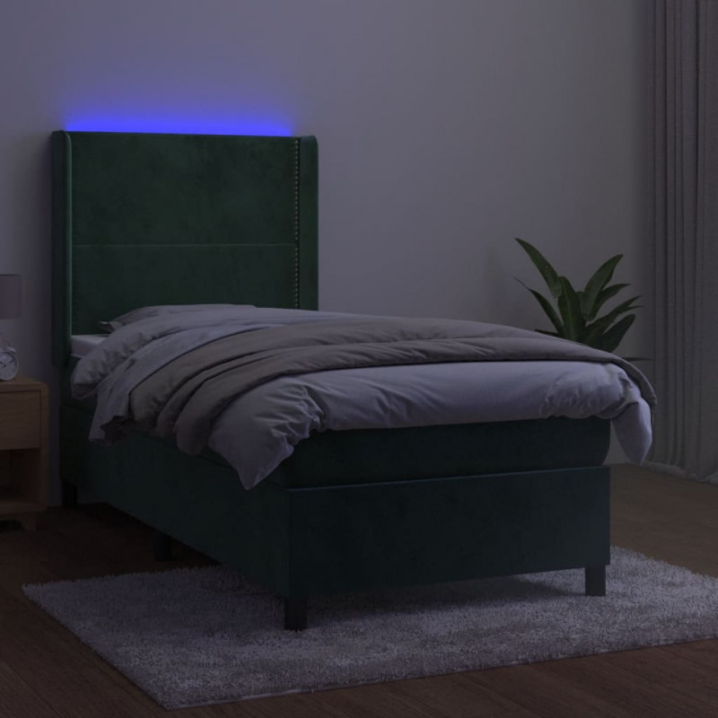Łóżko kontynentalne z materacem i LED zielony aksamit 90x200 cm
