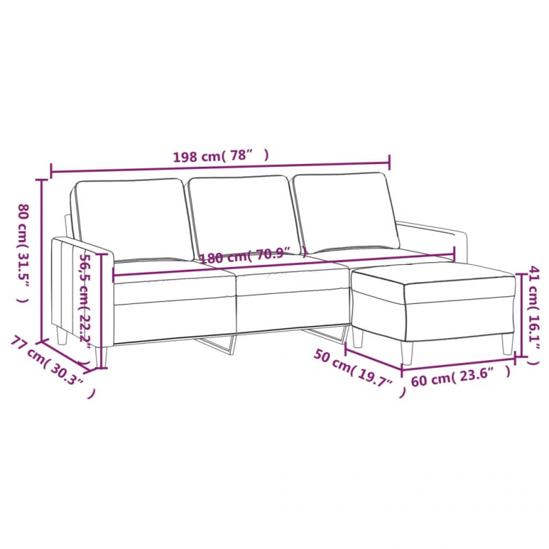 3-osobowa sofa z podnóżkiem, czarna, 180 cm, aksamit