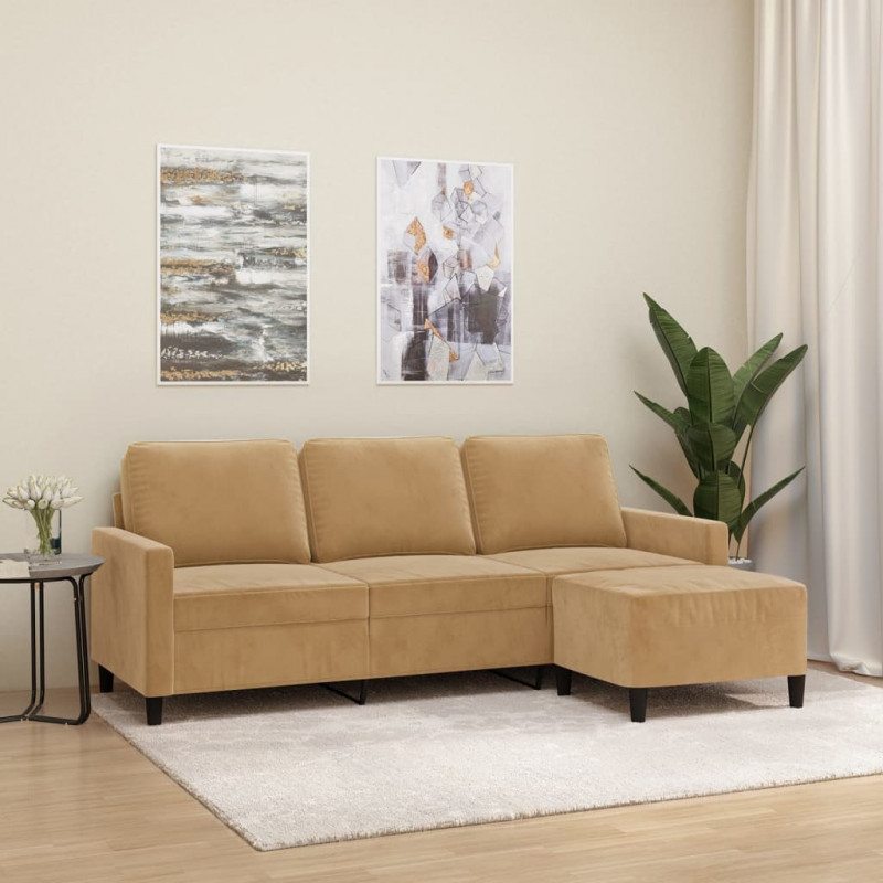 3-osobowa sofa z podnóżkiem, brązowy, 180 cm, aksamit