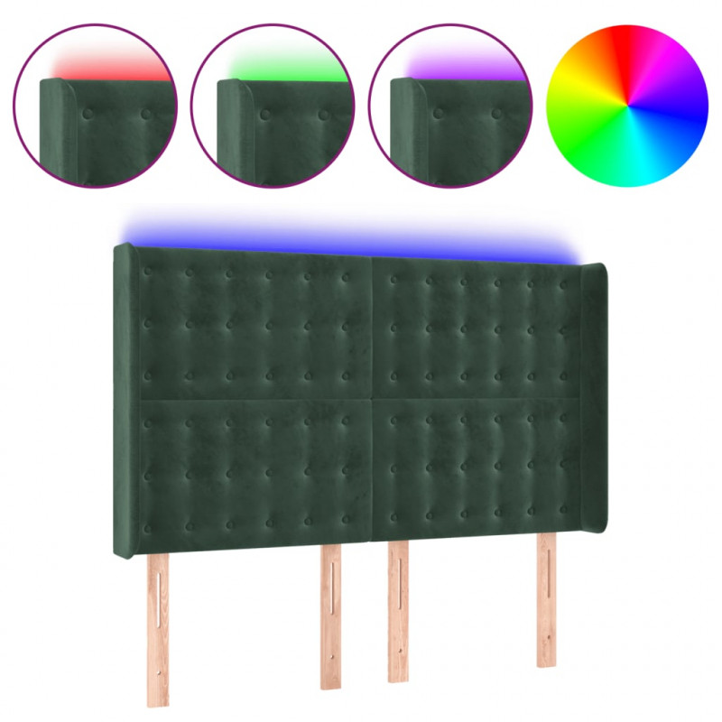 Zagłówek do łóżka z LED, ciemnozielony 147x16x118/128cm aksamit