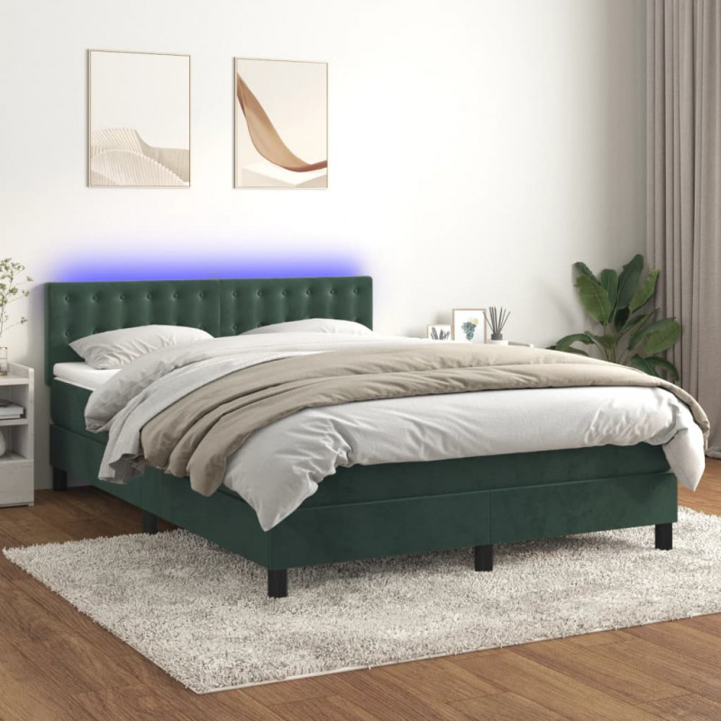 Łóżko kontynentalne z materacem i LED zielony aksamit 140x190cm
