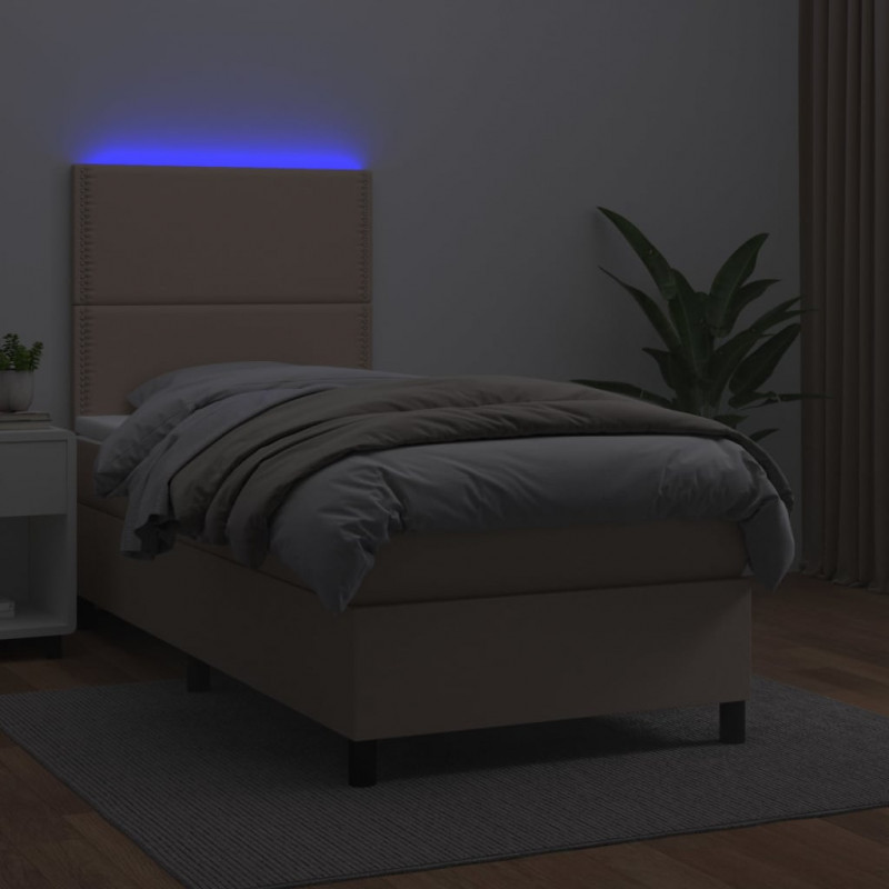 Łóżko kontynentalne, materac i LED cappuccino ekoskóra 90x200cm