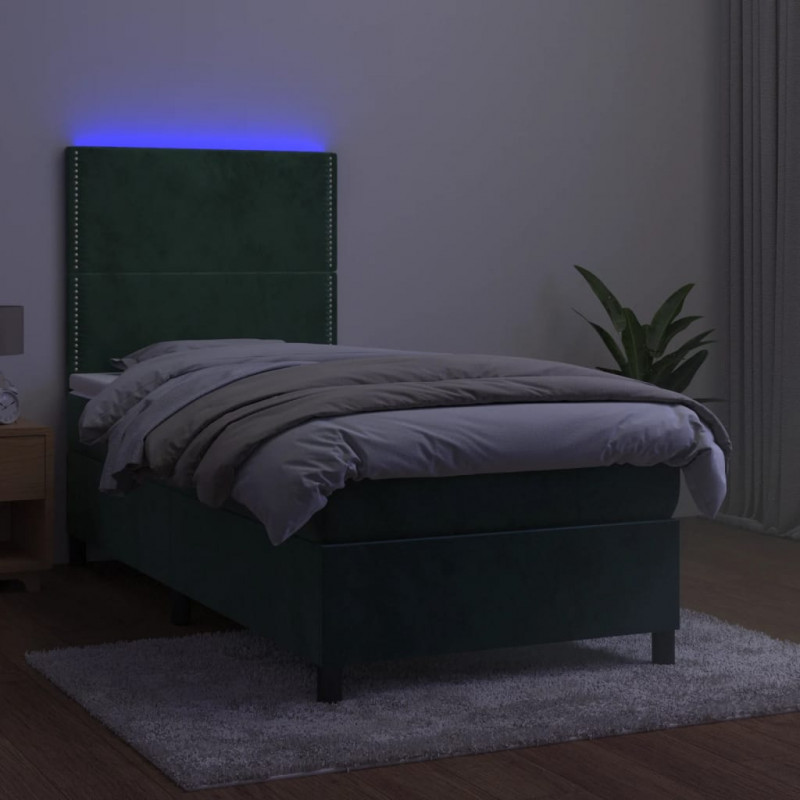 Łóżko kontynentalne z materacem i LED zielony aksamit 90x190 cm