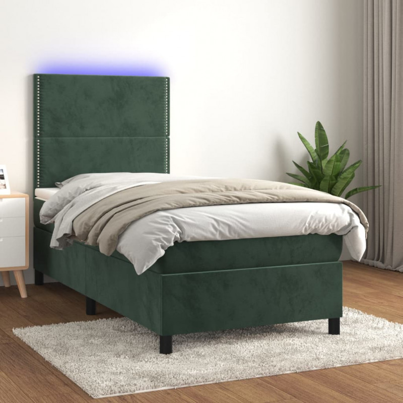 Łóżko kontynentalne z materacem i LED zielony aksamit 90x200 cm