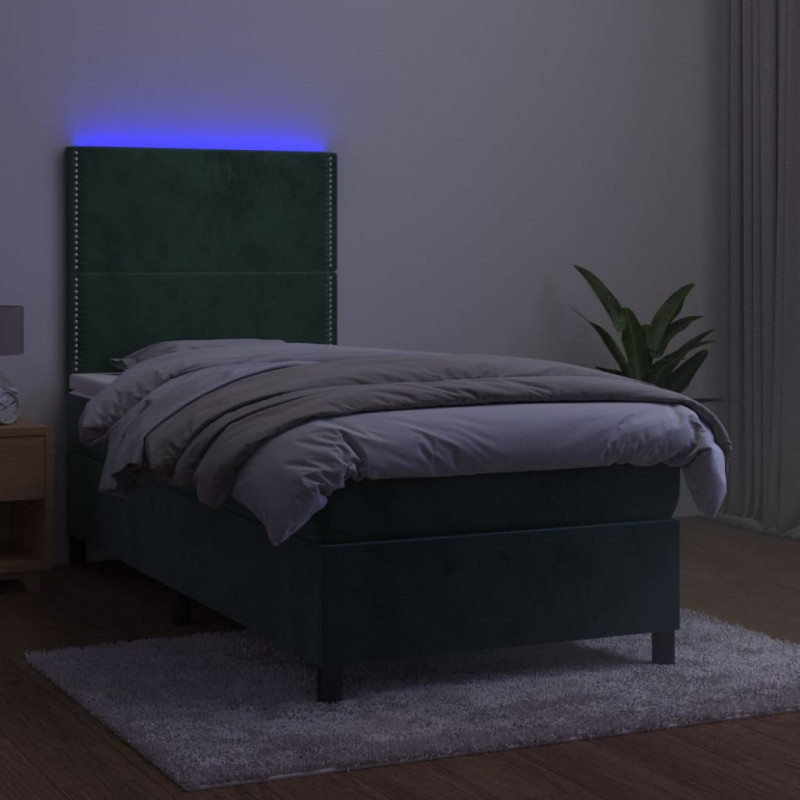 Łóżko kontynentalne z materacem i LED zielony aksamit 90x200 cm