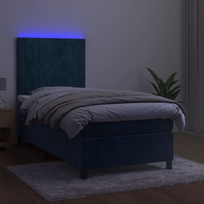 Łóżko kontynentalne, materac i LED, niebieski aksamit 80x200 cm