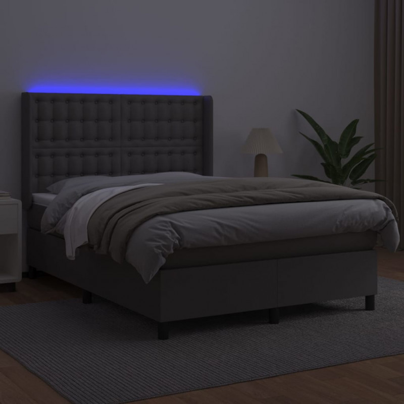 Łóżko kontynentalne z materacem i LED, szara ekoskóra 140x190cm