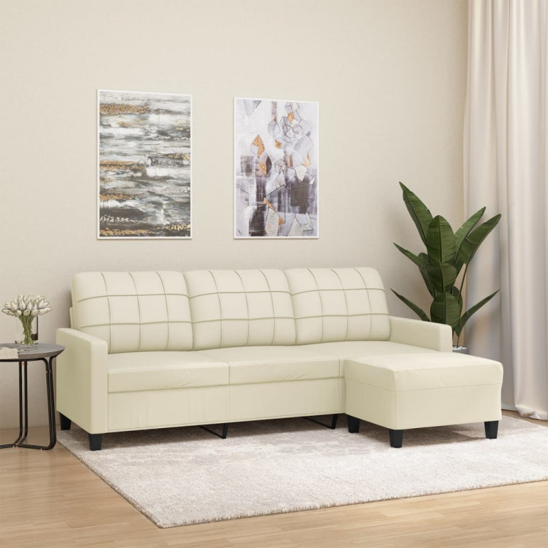 3-osobowa sofa z podnóżkiem, kremowa, 180 cm, sztuczna skóra