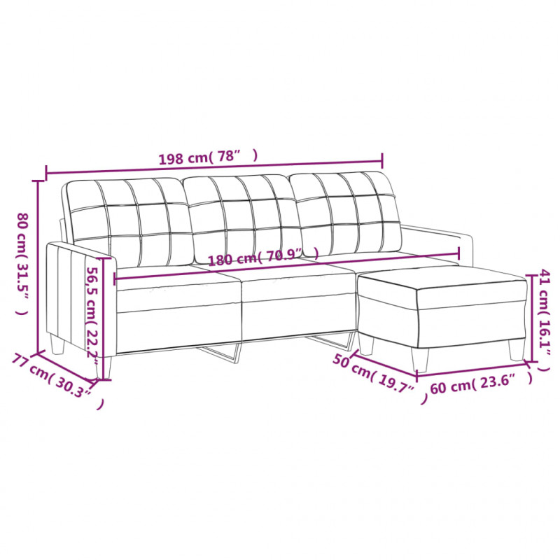 3-osobowa sofa z podnóżkiem, kremowa, 180 cm, sztuczna skóra