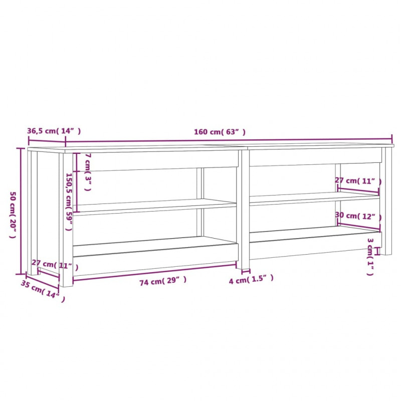 Szafka na buty, 160x36,5x50 cm, lite drewno sosnowe