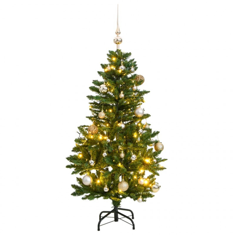 Sztuczna choinka na zawiasach, 150 lampek LED i bombki, 120 cm