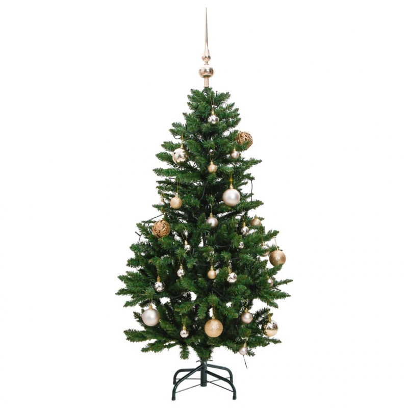 Sztuczna choinka na zawiasach, 150 lampek LED i bombki, 120 cm