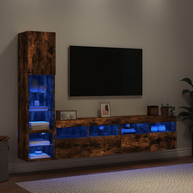 4-częściowy zestaw mebli TV z LED, przydymiony dąb