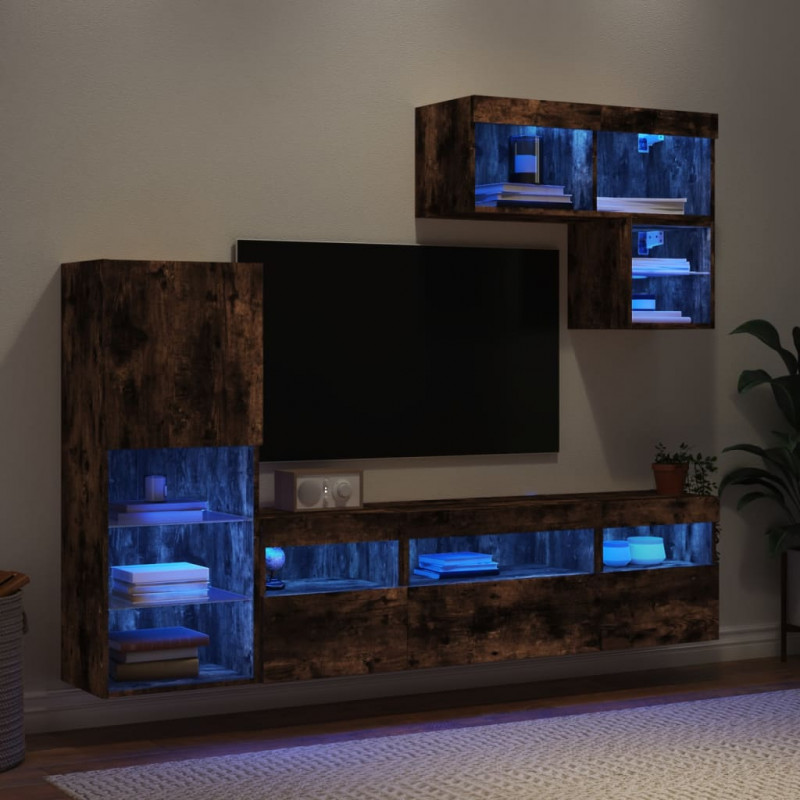 6-częściowy zestaw mebli TV z LED, przydymiony dąb