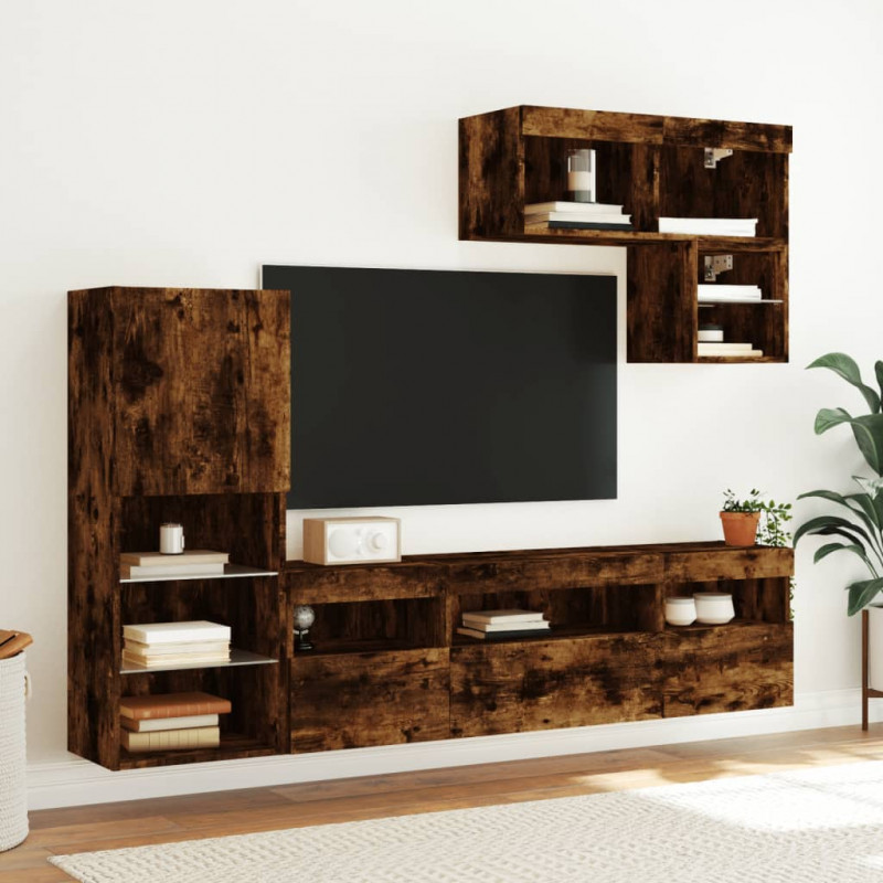 6-częściowy zestaw mebli TV z LED, przydymiony dąb