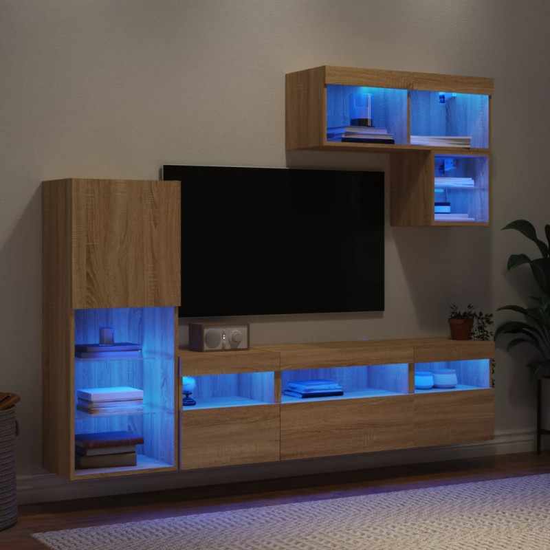 6-częściowy zestaw mebli TV z LED, dąb sonoma