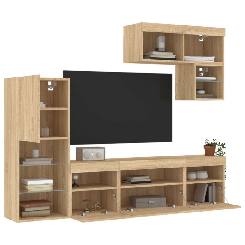 6-częściowy zestaw mebli TV z LED, dąb sonoma