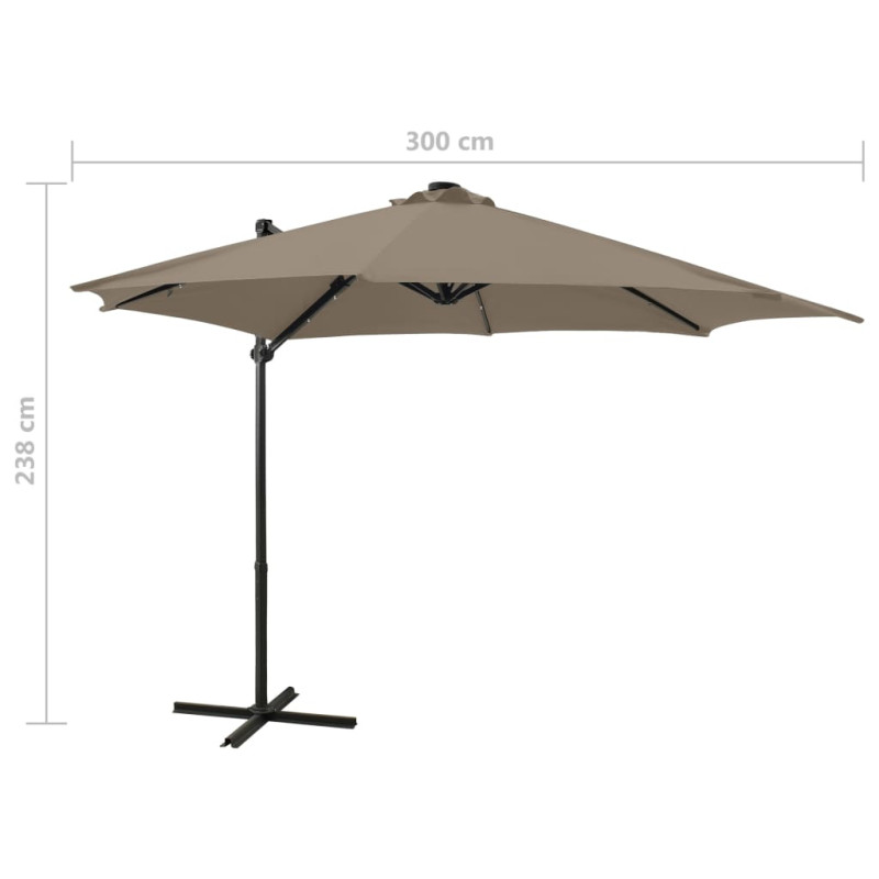 Parasol wiszący z lampkami LED i słupkiem, 300 cm, taupe