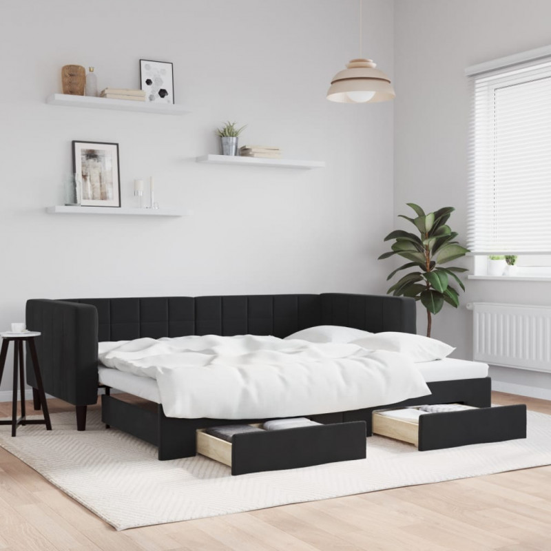 Sofa rozsuwana z szufladami, czarna, 90x200 cm, aksamit