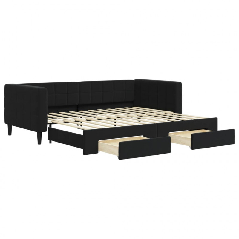 Sofa rozsuwana z szufladami, czarna, 90x200 cm, aksamit