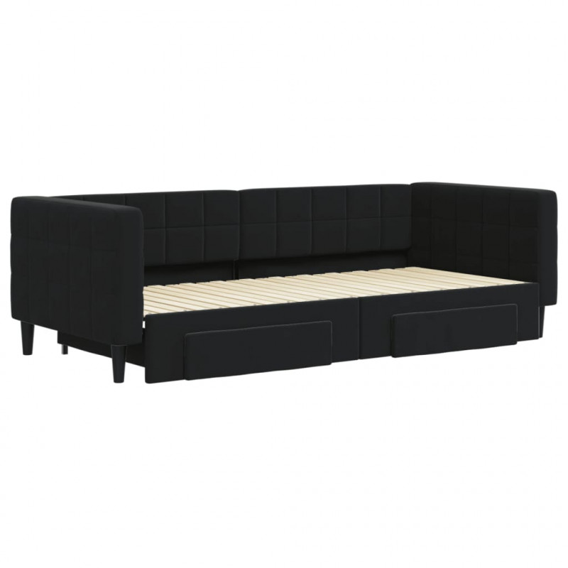 Sofa rozsuwana z szufladami, czarna, 90x200 cm, aksamit