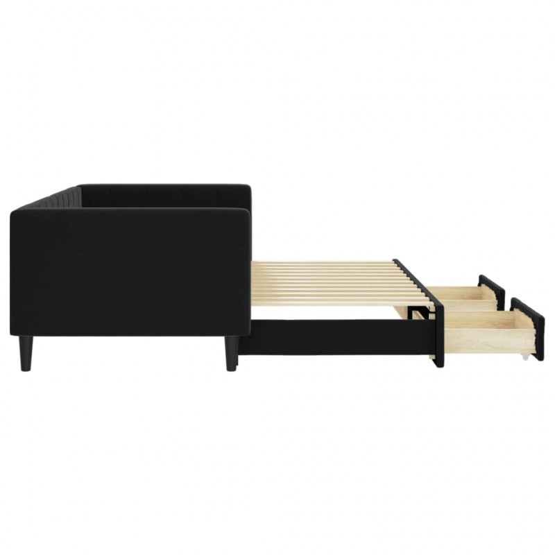 Sofa rozsuwana z szufladami, czarna, 90x200 cm, aksamit