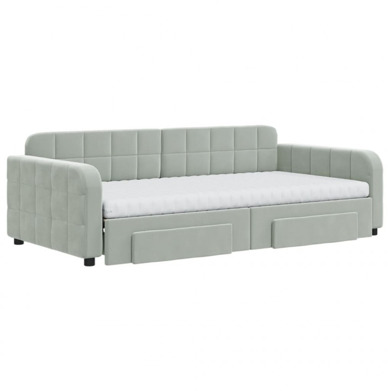 Sofa rozsuwana z szufladami, jasnoszara, 100x200 cm, aksamit