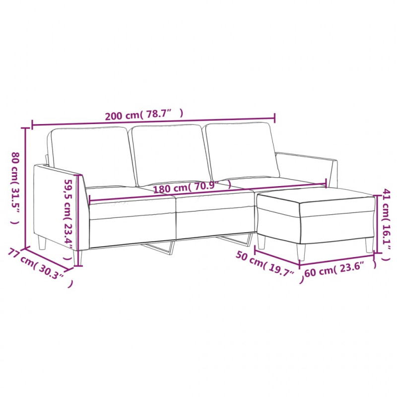 3-osobowa sofa z podnóżkiem, szary, 180 cm, sztuczna skóra
