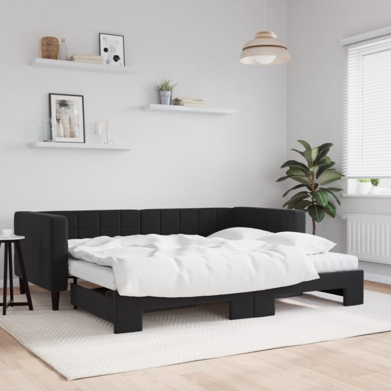 Sofa rozsuwana z materacami, czarna, 90x200 cm, aksamit