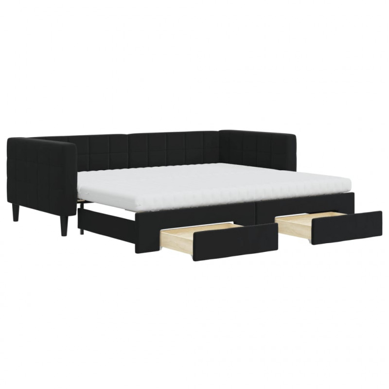 Sofa rozsuwana z szufladami, czarna, 90x200 cm, aksamit