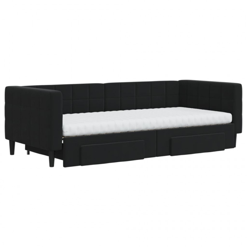Sofa rozsuwana z szufladami, czarna, 90x200 cm, aksamit