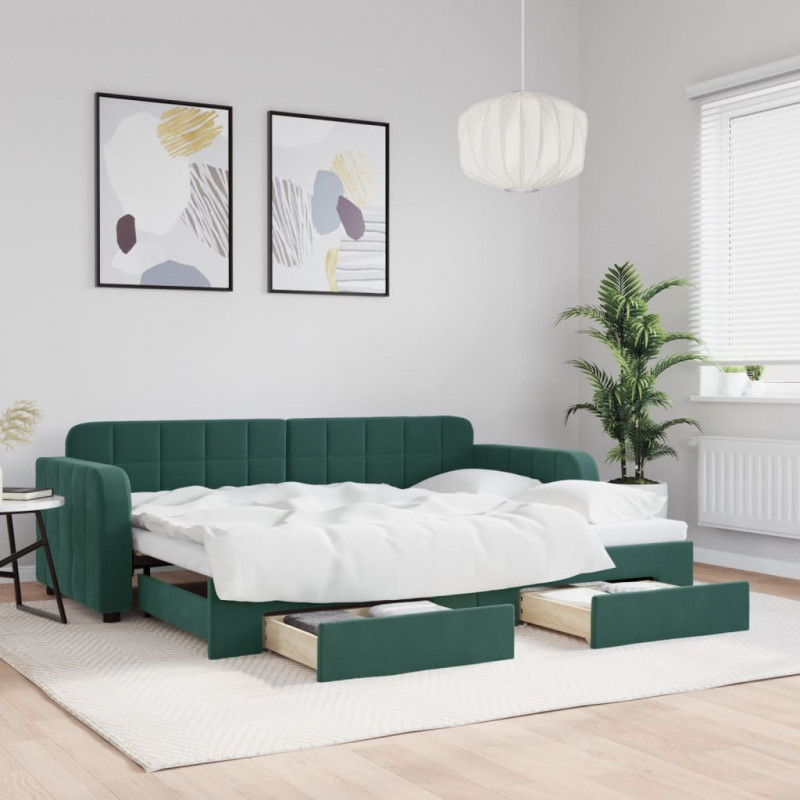 Sofa rozsuwana z szufladami, ciemnozielona, 80x200 cm, aksamit