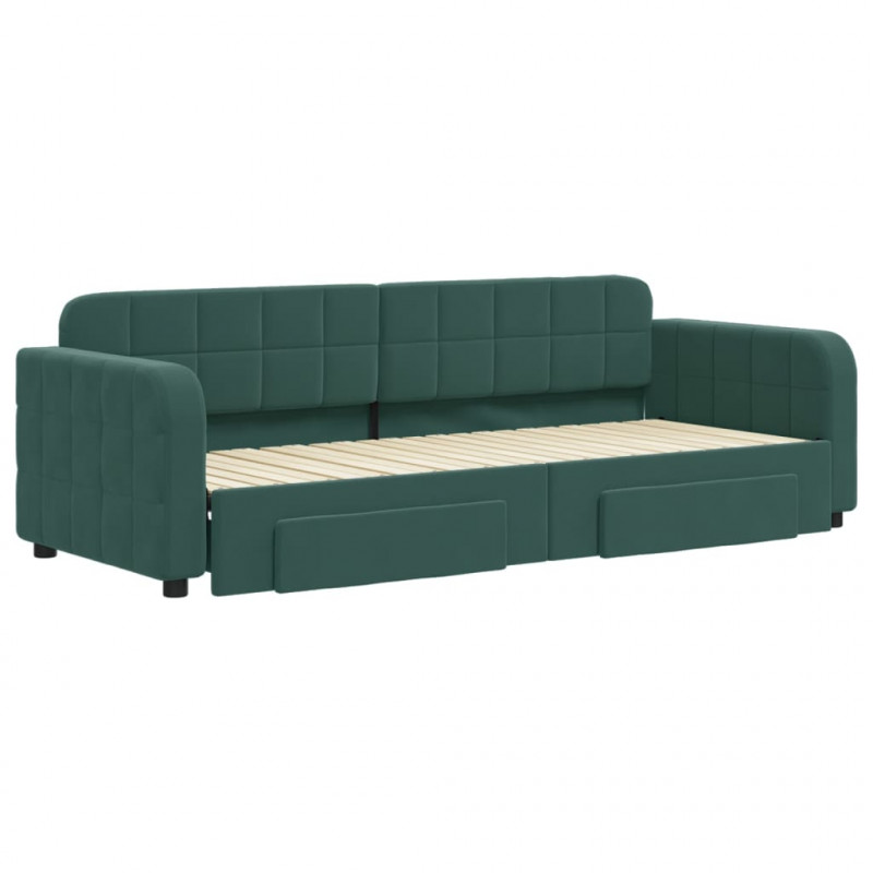 Sofa rozsuwana z szufladami, ciemnozielona, 80x200 cm, aksamit