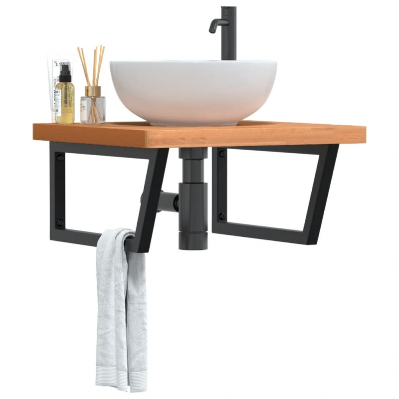 Półka ścienna pod umywalkę, stal i lite drewno bukowe