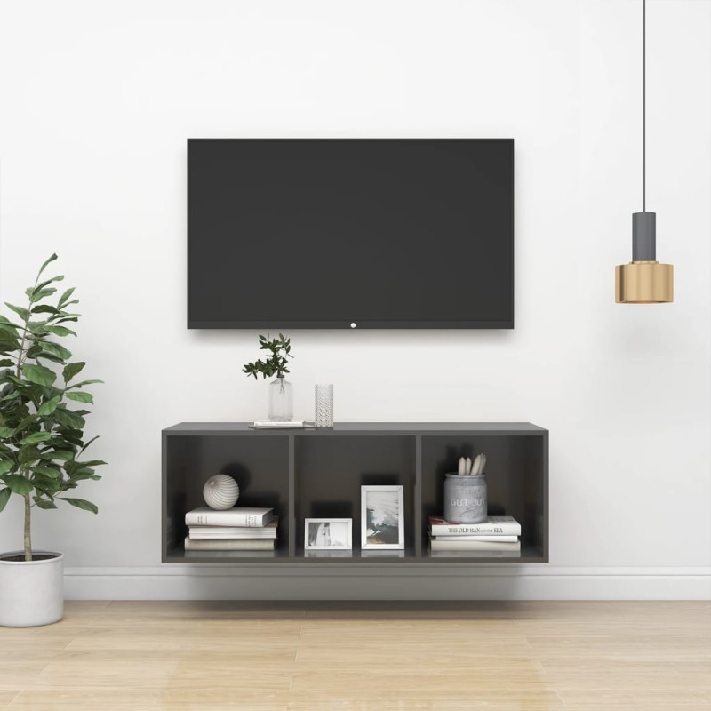 Wisząca szafka pod TV, wysoki połysk, szara, 37x37x107 cm