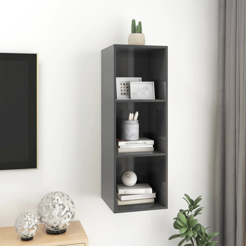 Wisząca szafka pod TV, wysoki połysk, szara, 37x37x107 cm