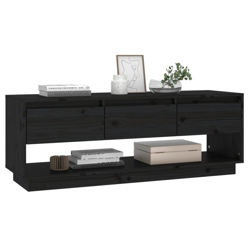 Szafka pod TV, czarna, 110,5x34x40 cm, lite drewno sosnowe